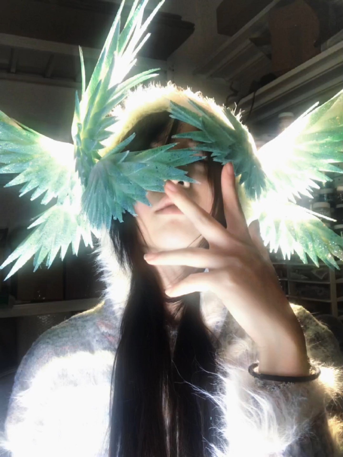 Handmade Hatsune Miku Style Translucent Green Wing Headpiece with Pearlescent Finish