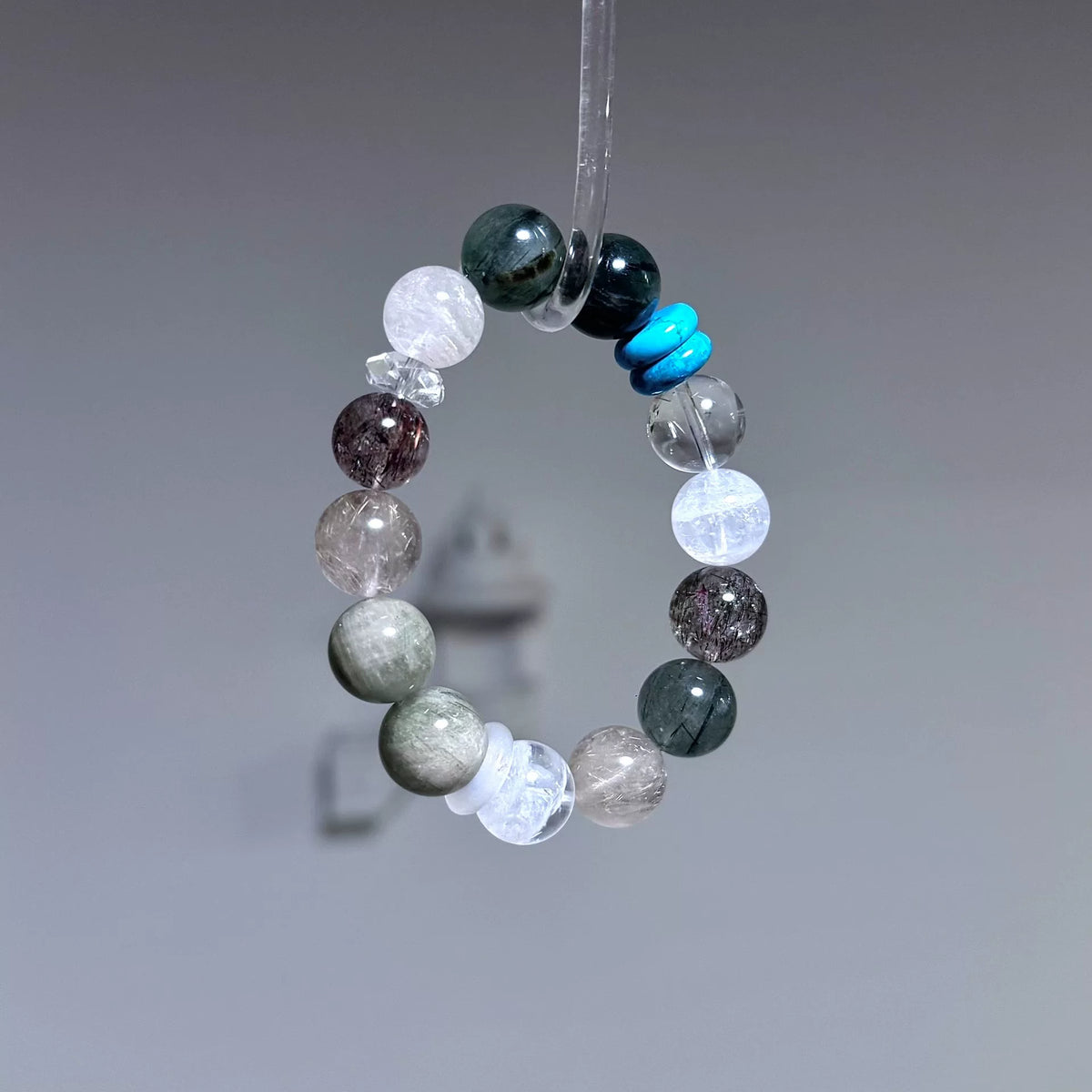 Pulseira de Contas de Cristal Azul, Aquamarina, Quartzo Rutilado e Pedra-Lua