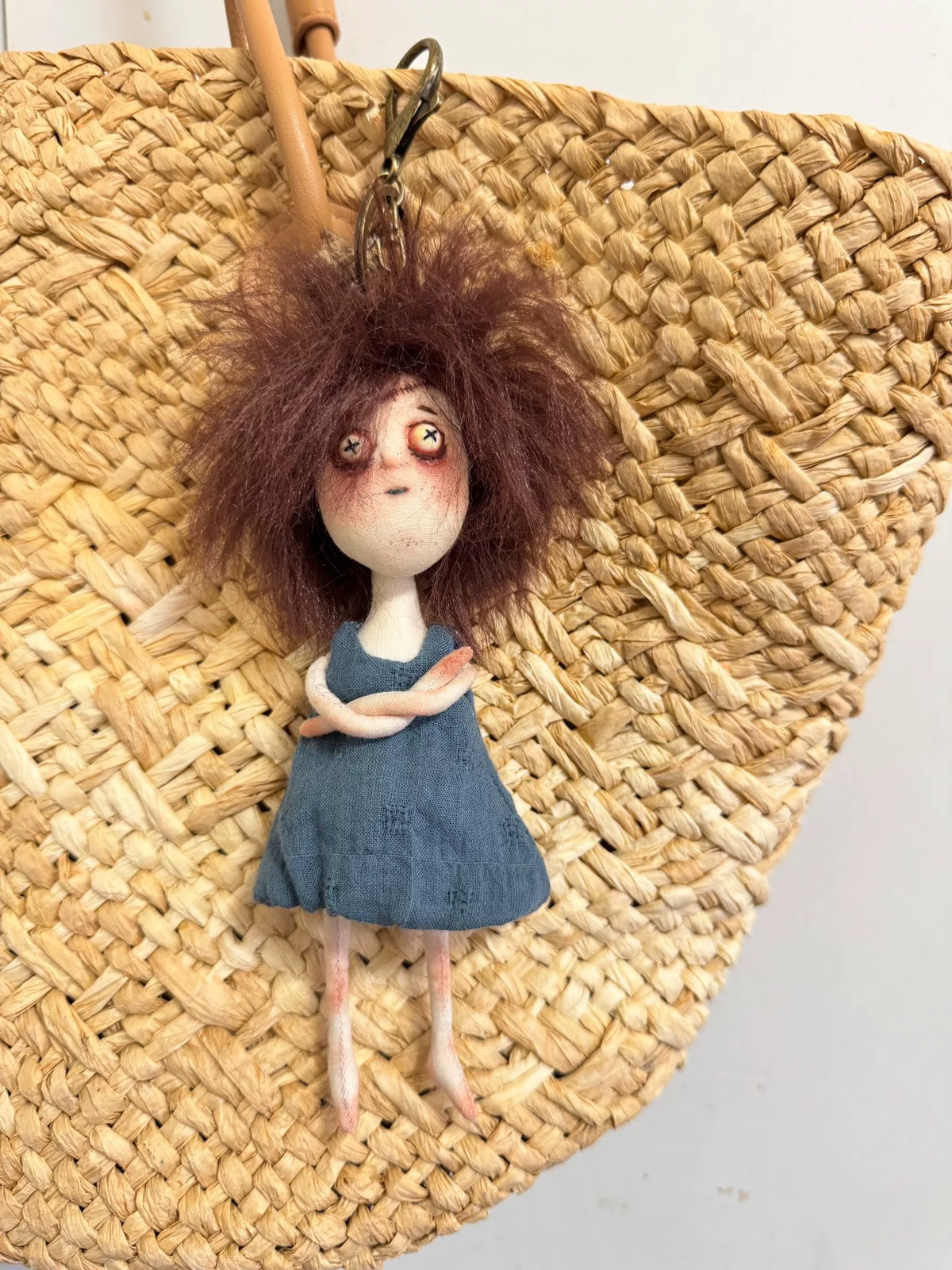 Handmade Fabric Keychain Doll with Blue Dress