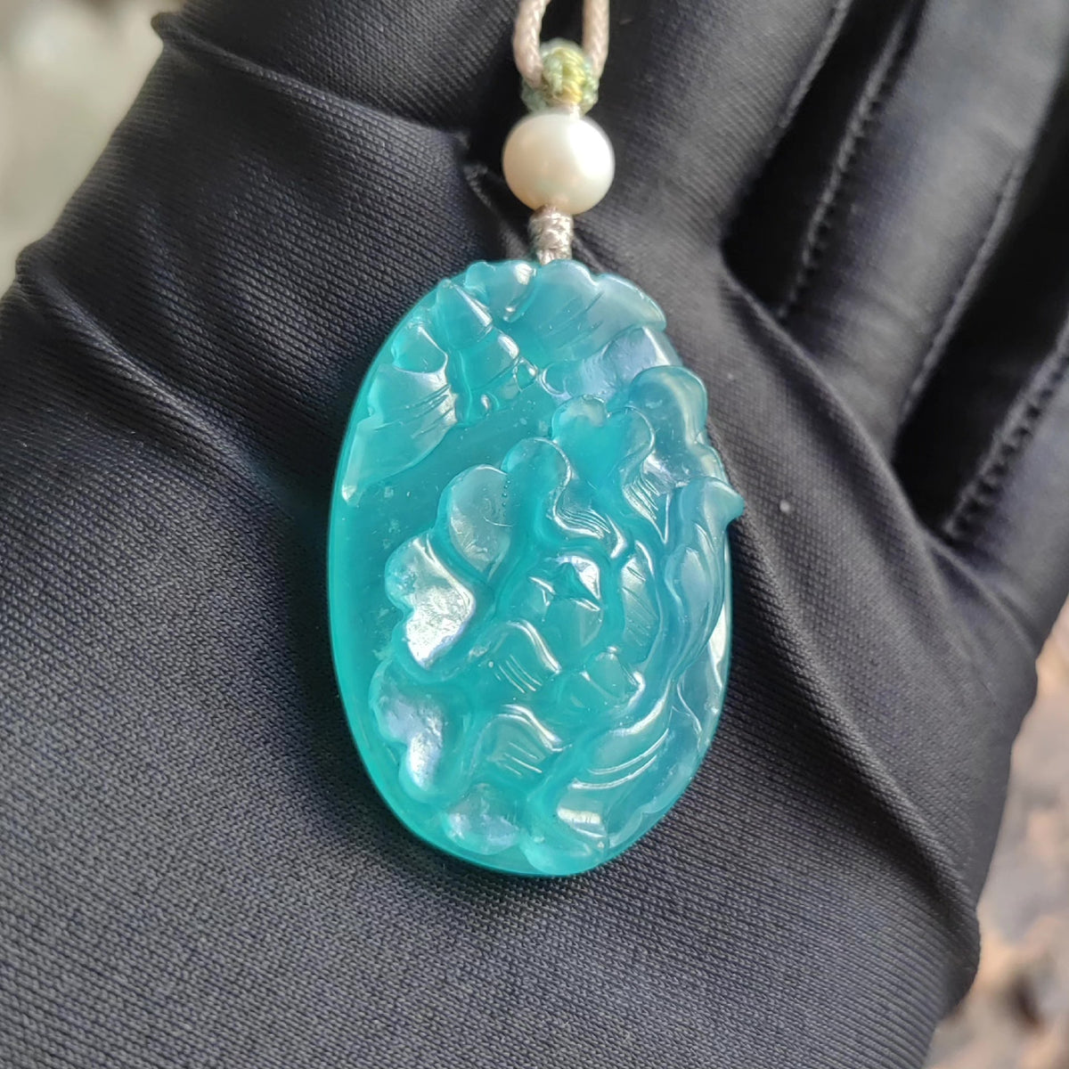Amazonite Peony Carved Pendant Sweater Chain Necklace
