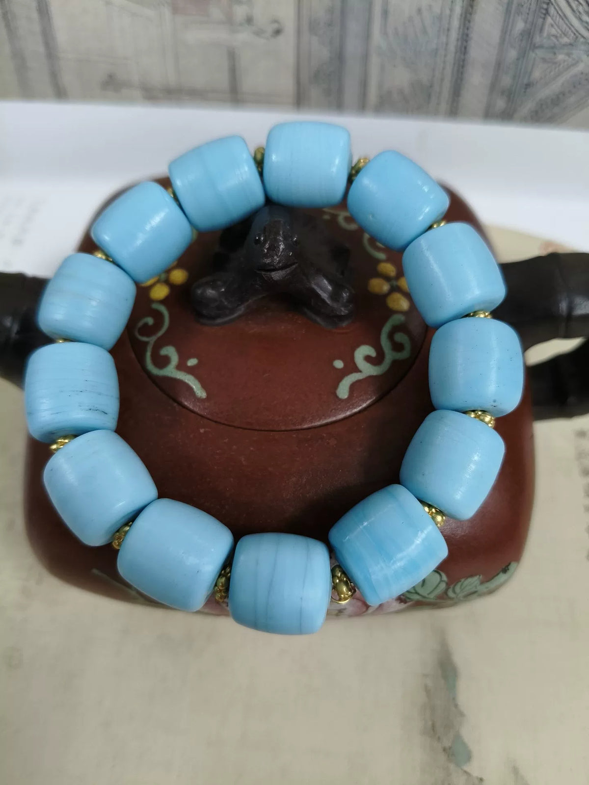 Moon Blue Old Glass Barrel Bead Bracelet