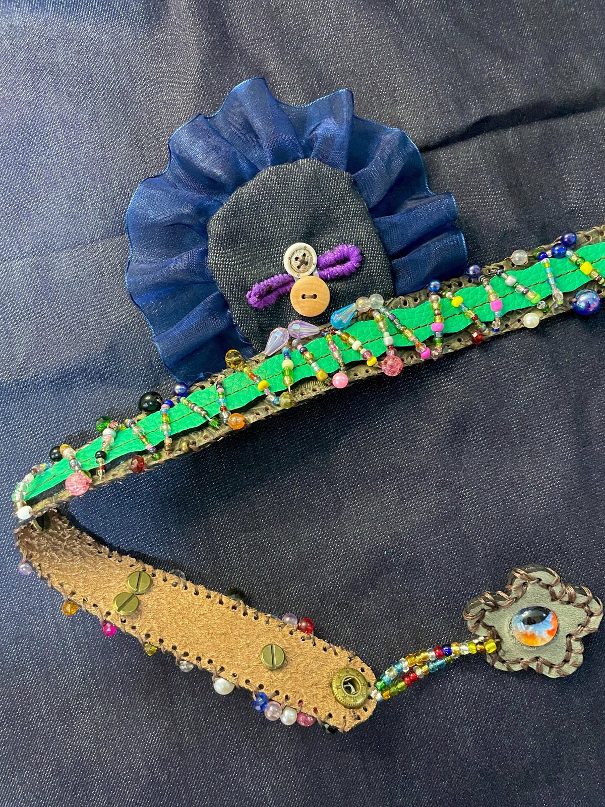 Handcrafted Printed Leather Pet Collar with Beads