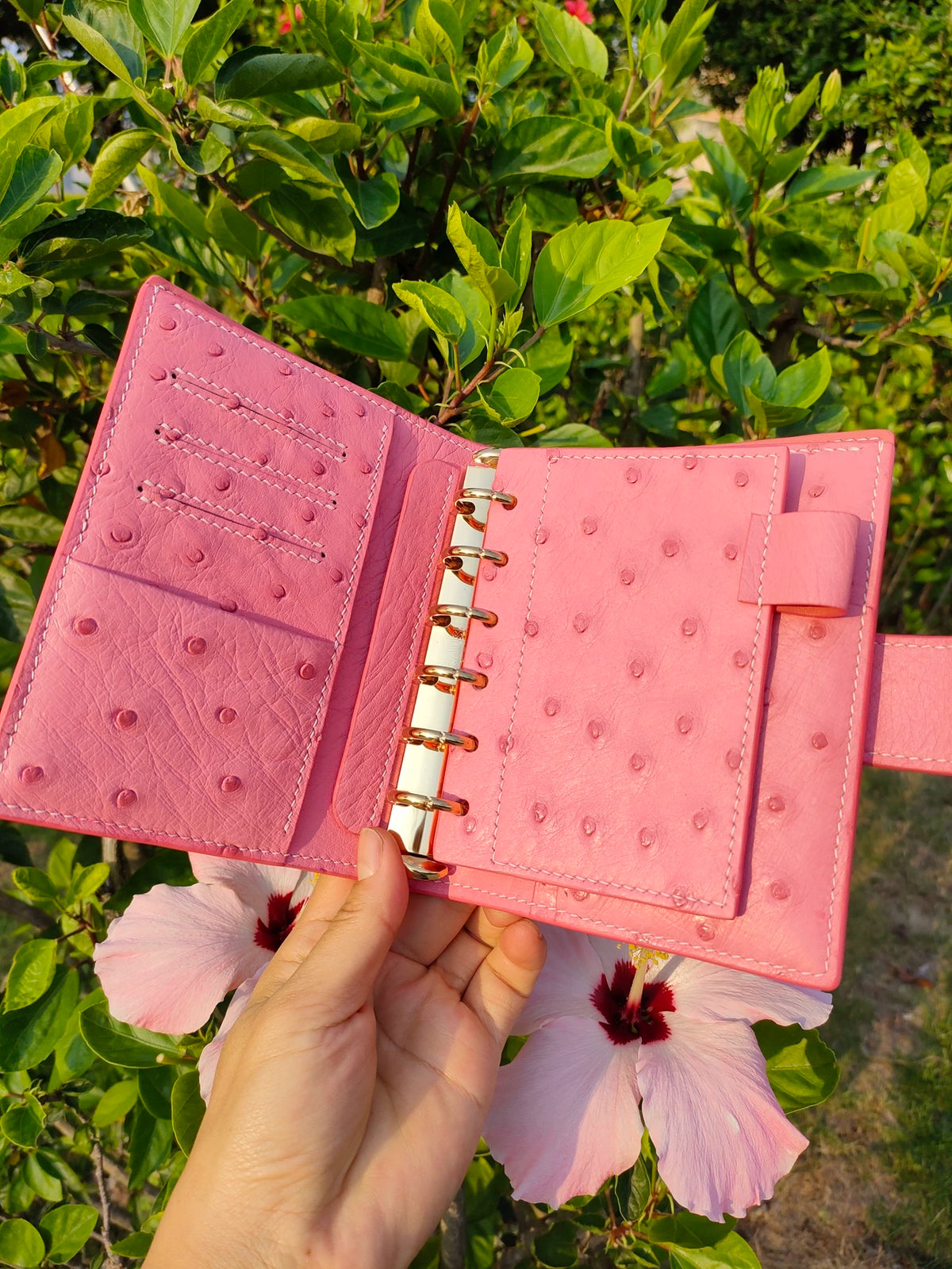 Pink Ostrich Leather A7 Ring Binder Journal