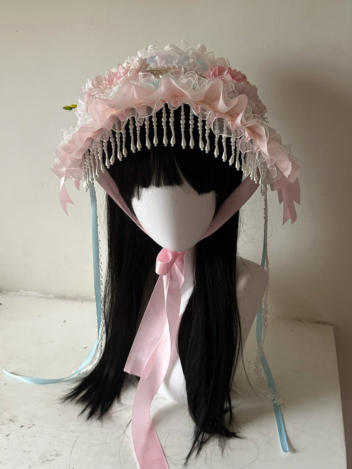 Blue Pink Lace Bonnet with Pearl Fringe