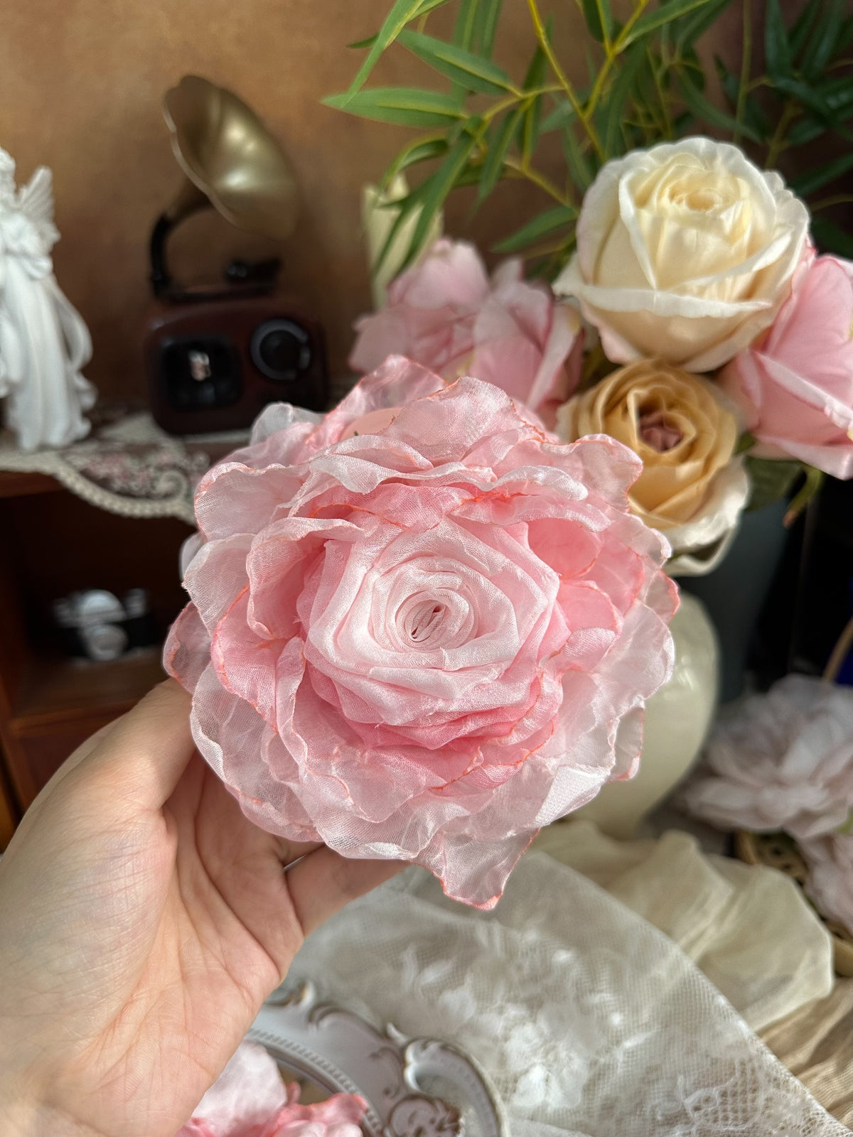 Handcrafted Fabric Rose Hair Clip Cherry Blossom Pink