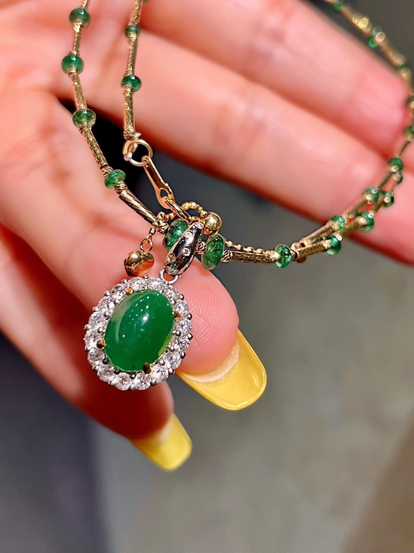 Emerald Cabochon Pendant Necklace with Adjustable Clasp