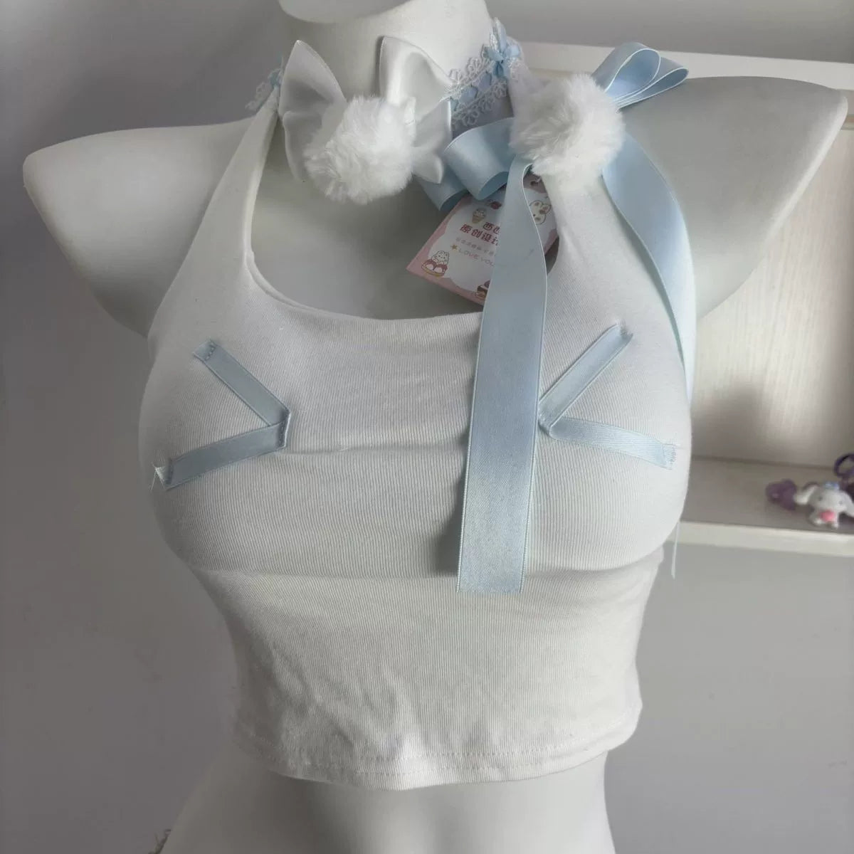 White Blue Denim Shorts Halter Top Two Piece Set