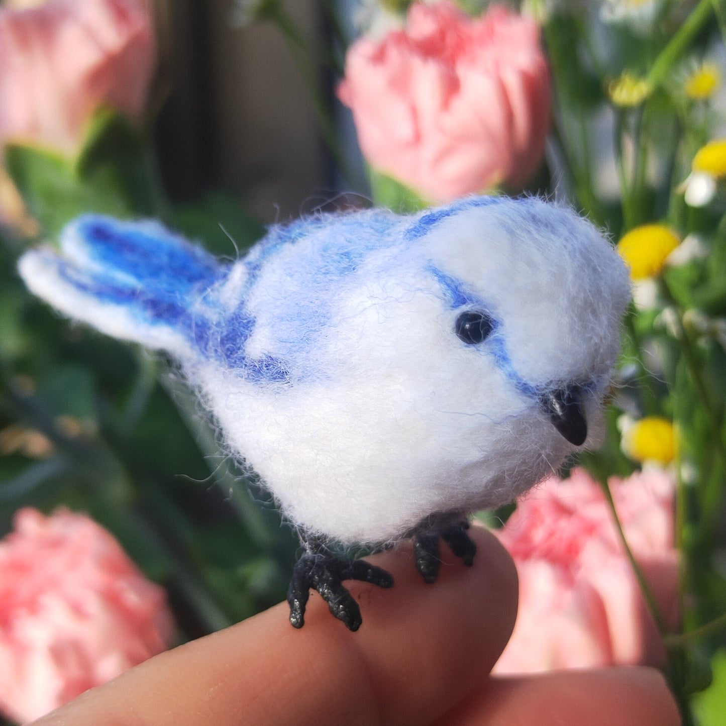 Needle-Felted Wool Miniature Bird Figurine with Blue and White Plumage