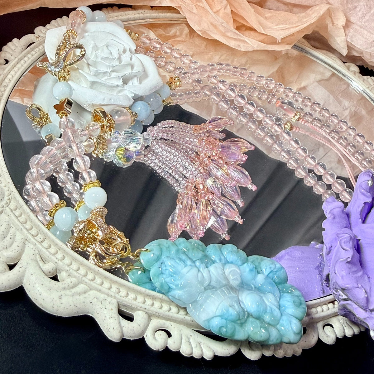 Pendente Larimar Fox com Quartzo Rosa e Borlas