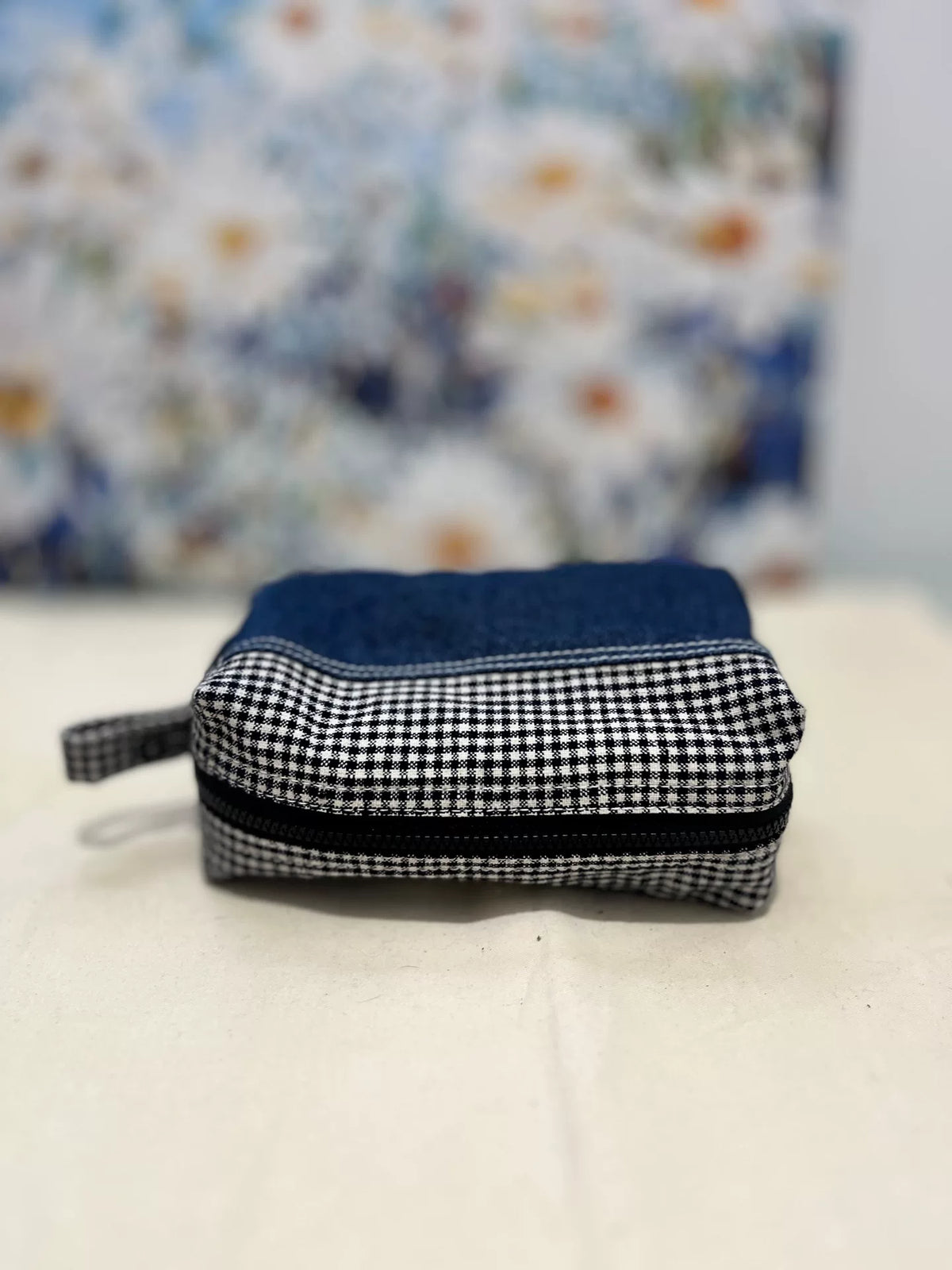 Gingham Denim Patchwork Cosmetic Pouch Handmade