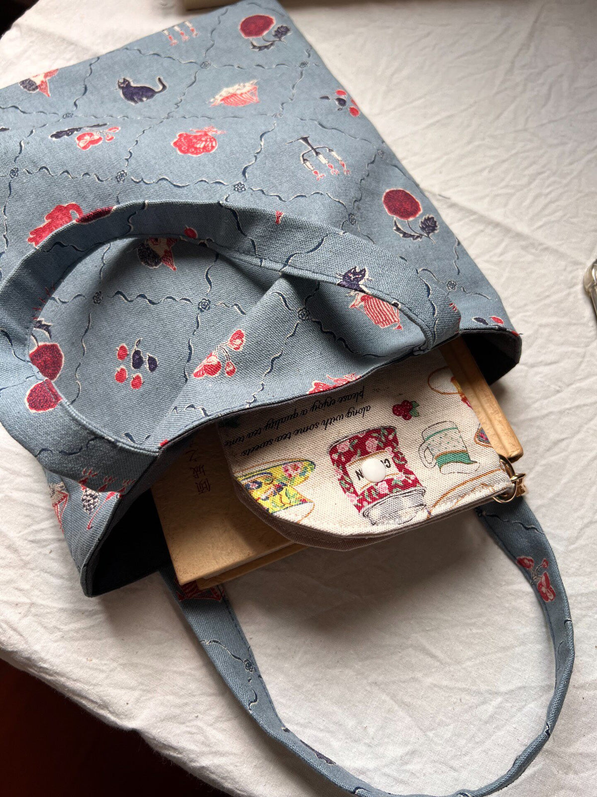 Cotton Linen Tote Bag with Folk Art Print