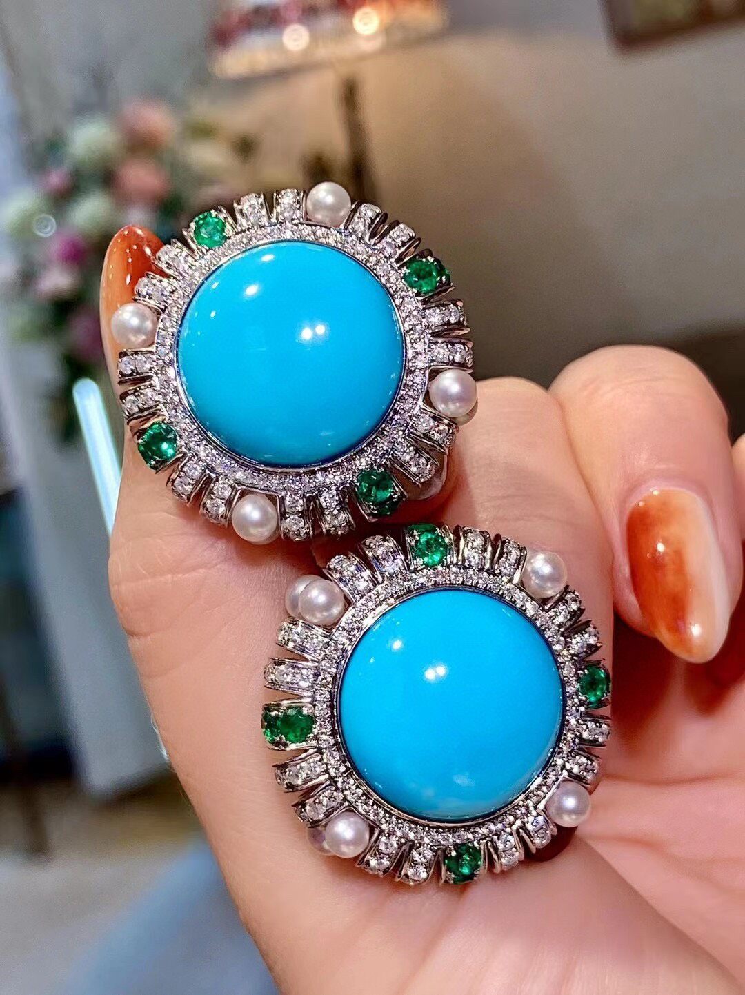 Victorian Turquoise, Emerald, Pearl, and Diamond Stud Earrings, 18K Gold, 28.8mm