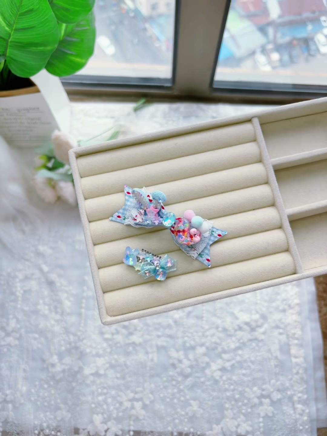 Handcrafted Blue Pet Hair Bow Clip Set
