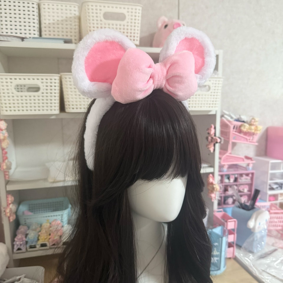 Pink Plush Bunny Ear Bow Headband