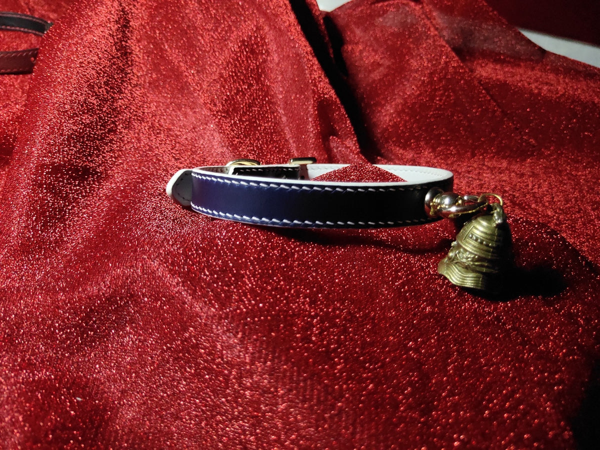 Blue White Leather Collar with Bronze Bell