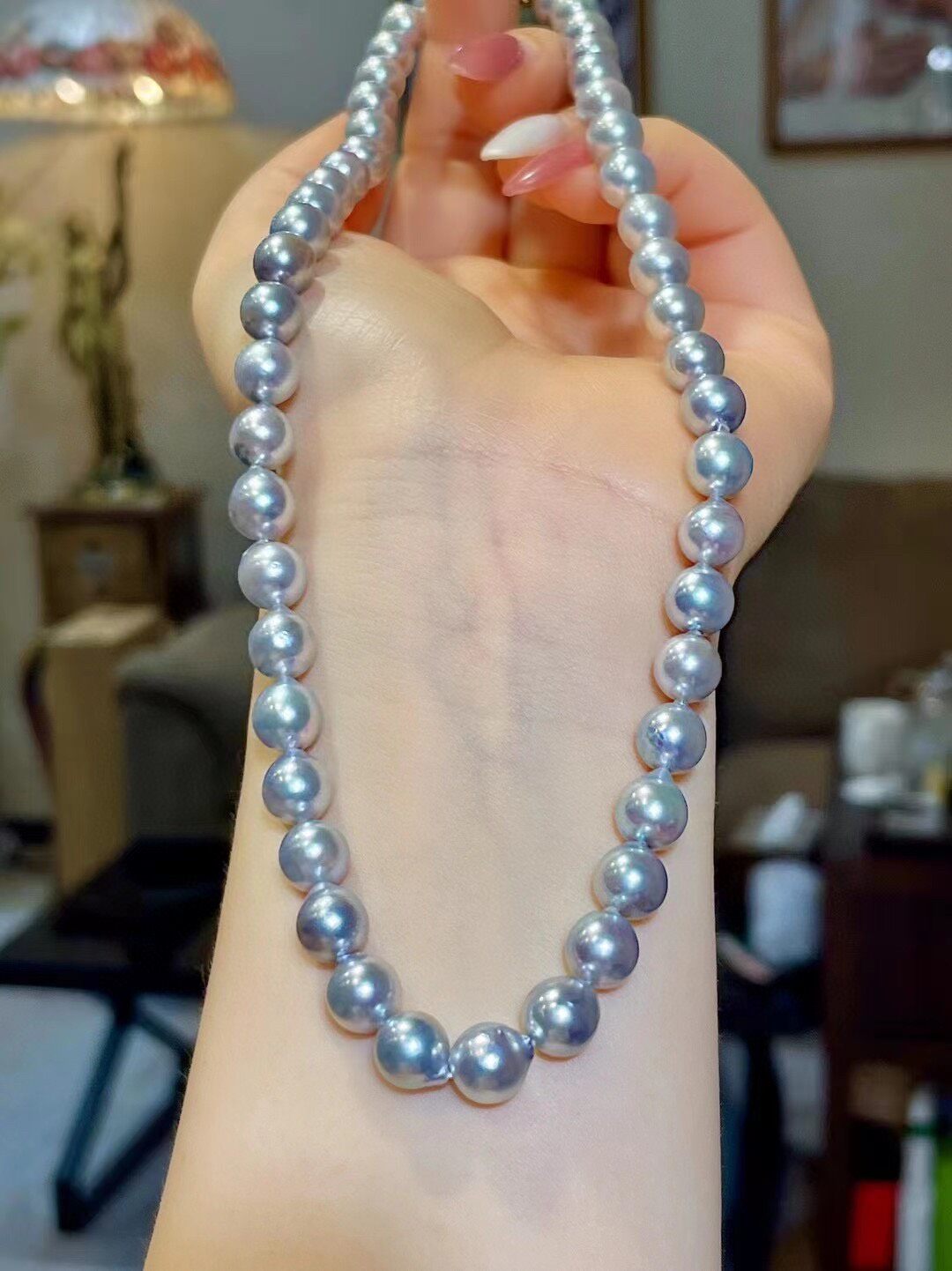 Natural Pearl Necklace, Silver-Grey, 7.5-8mm, 42cm, Gold-Toned Clasp