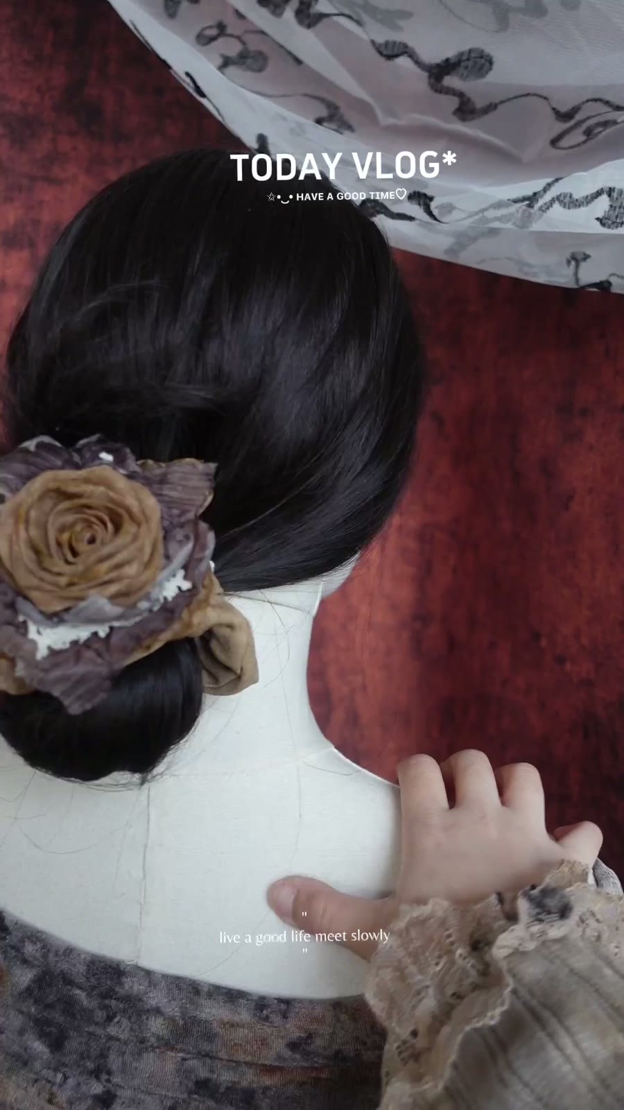 Fabric Scrunchie with Dried Rose Floral Embellishment