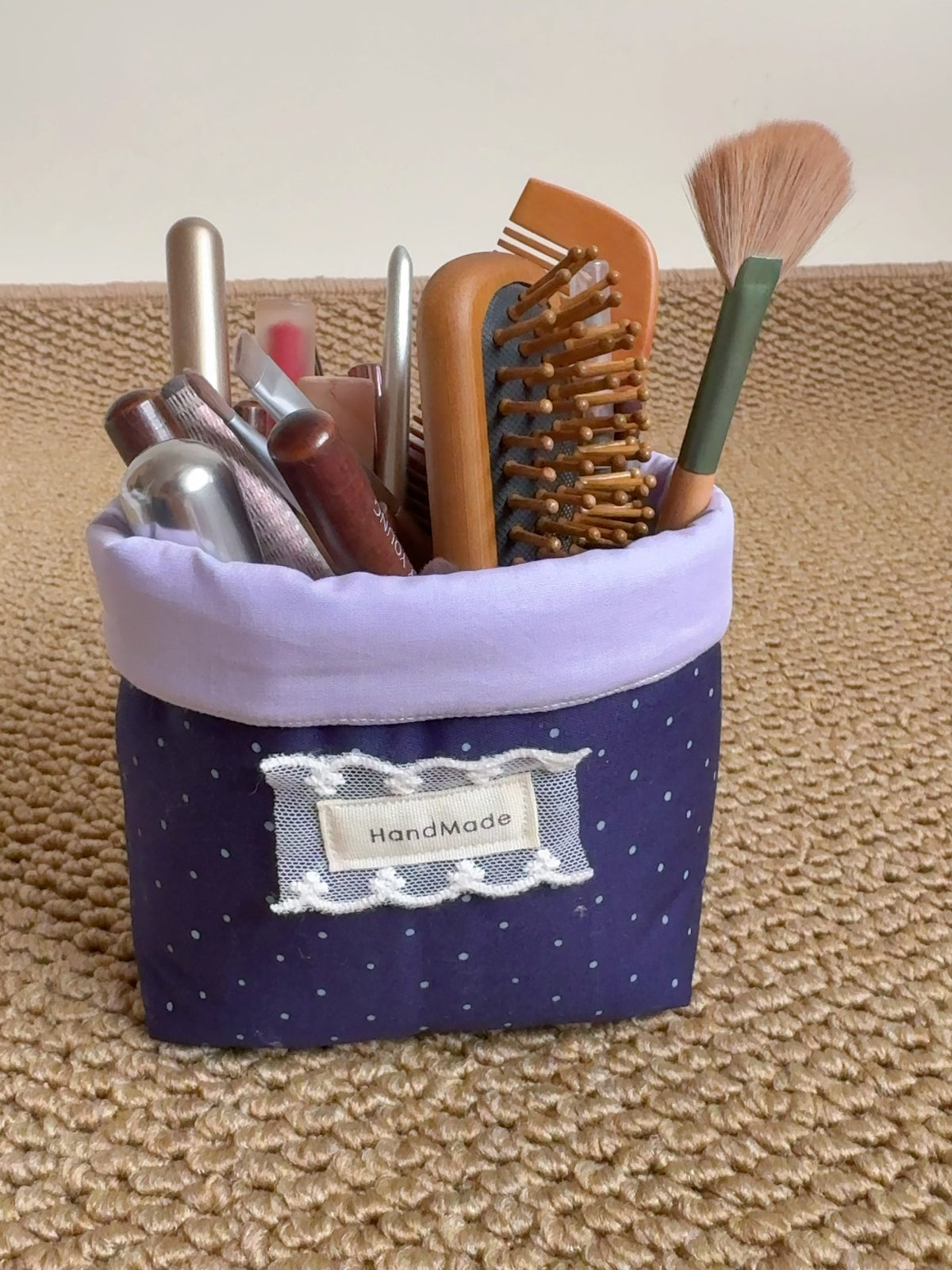 Cilindro contenitore da scrivania blu navy a pois