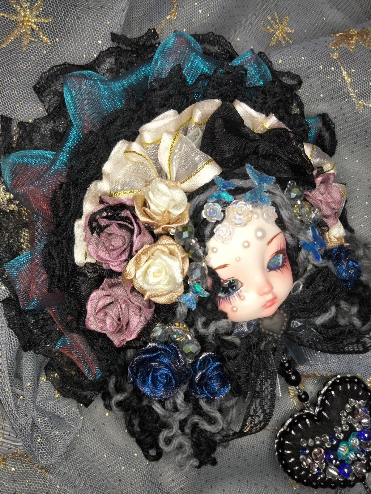 Handmade Clay Doll Head Brooch Gothic