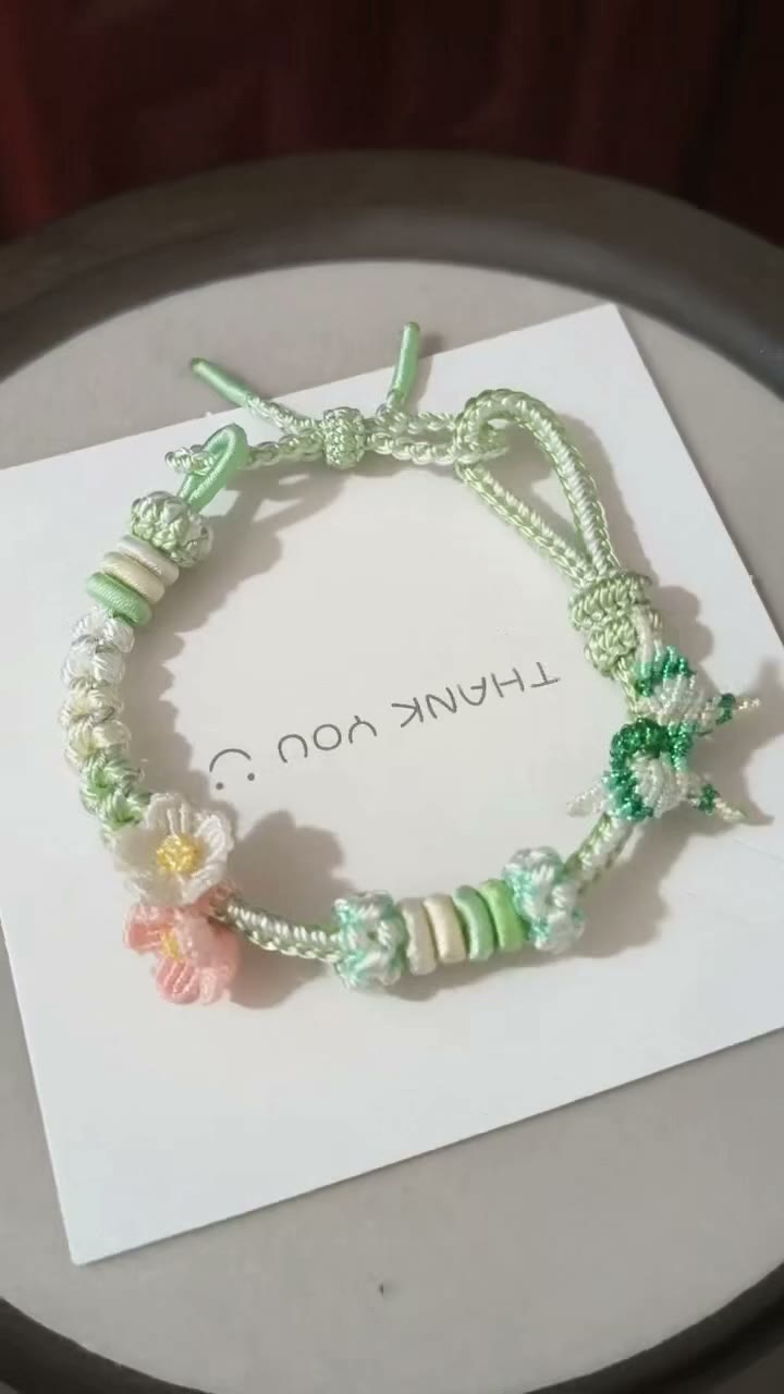 Handmade Mint Green Woven Bracelet with Flowers