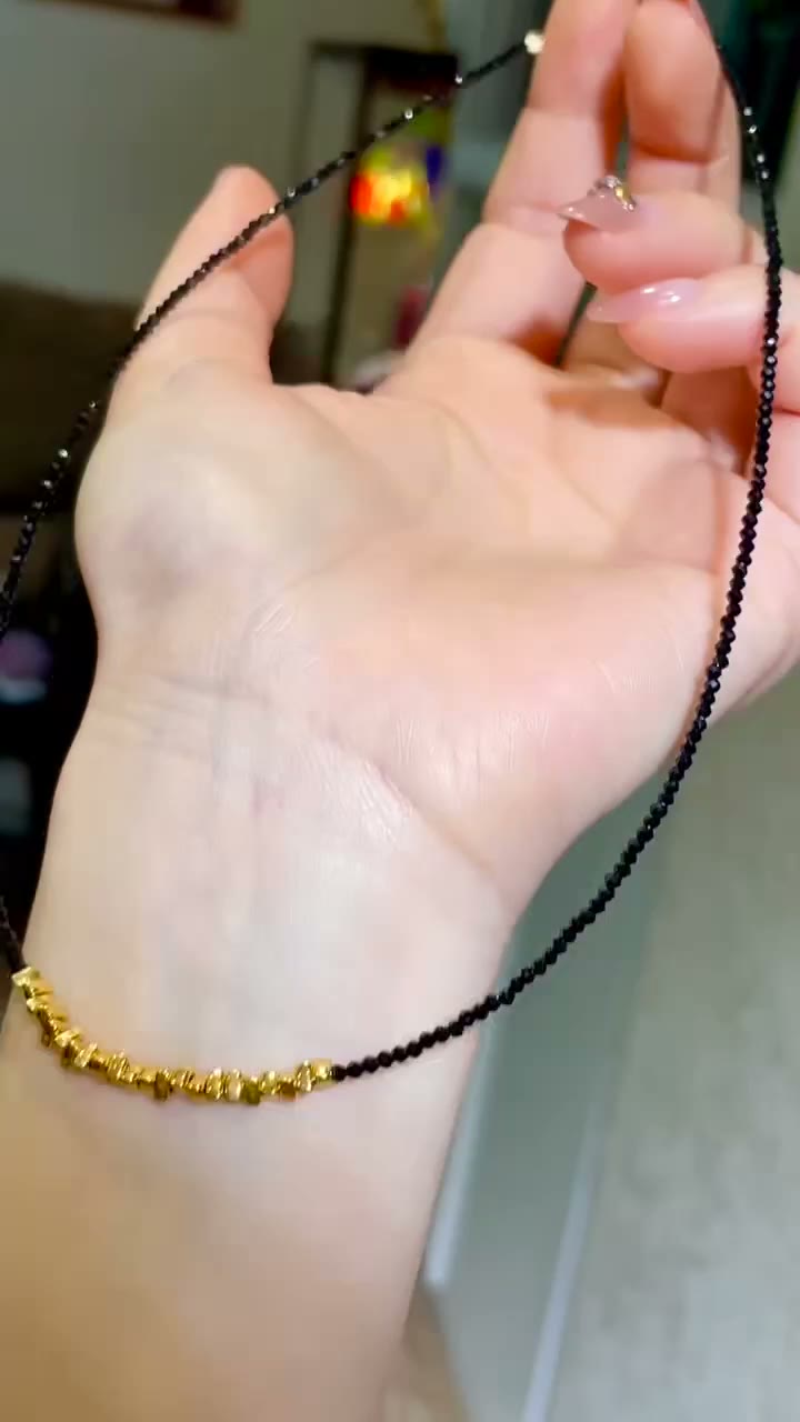 Black Gemstone Necklace with Gold Nugget Cluster