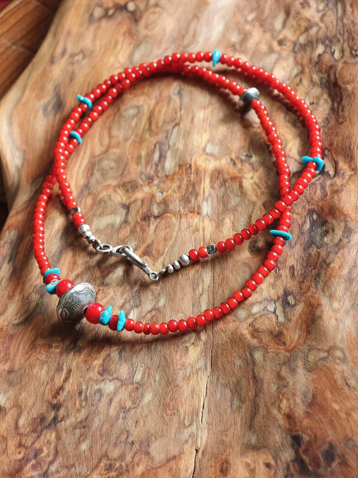 925 Silver Navajo Hand Hammered Turquoise Glass Bead Necklace