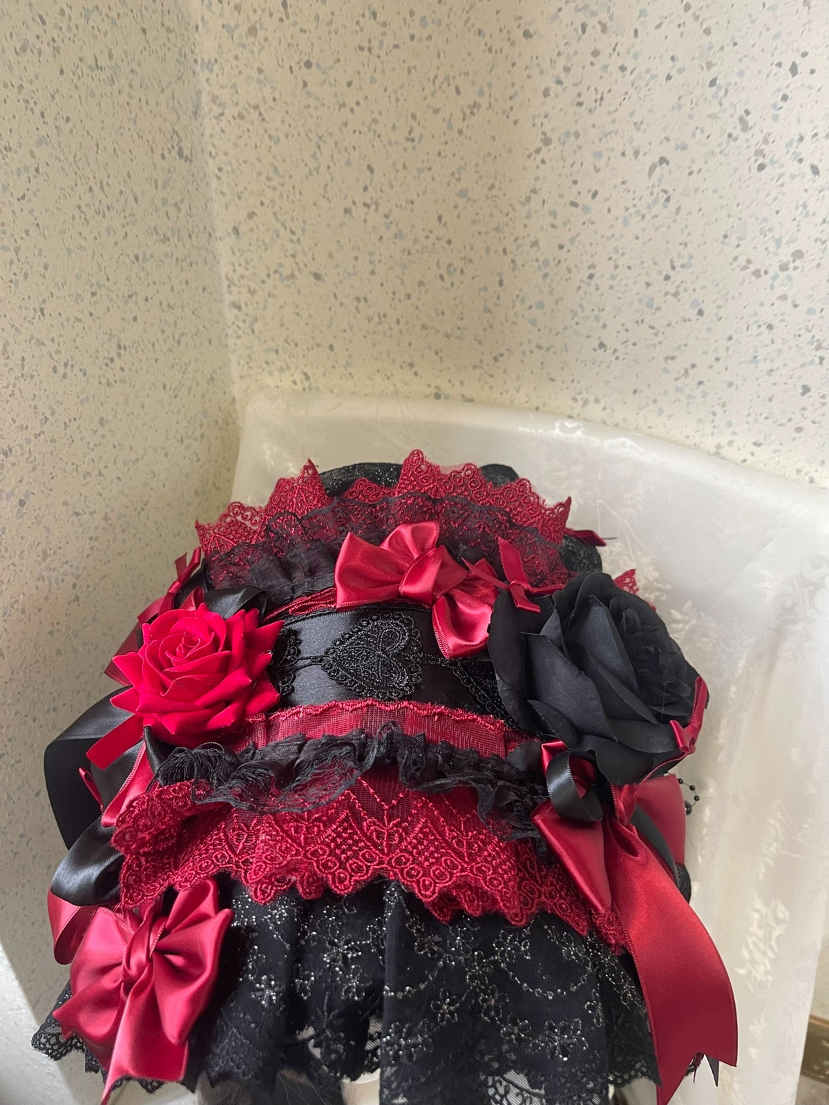 Handmade Lolita Gothic Flat Bonnet Black Red