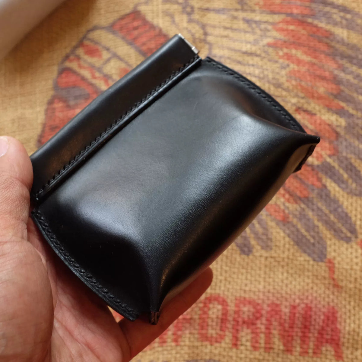 Black Leather Kiss Lock Coin Pouch
