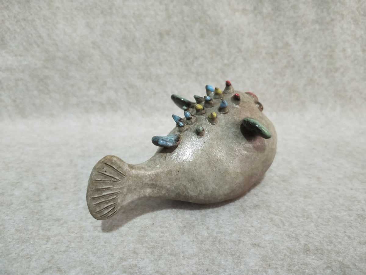 Ceramic Pufferfish Figurine Speckled Glaze
