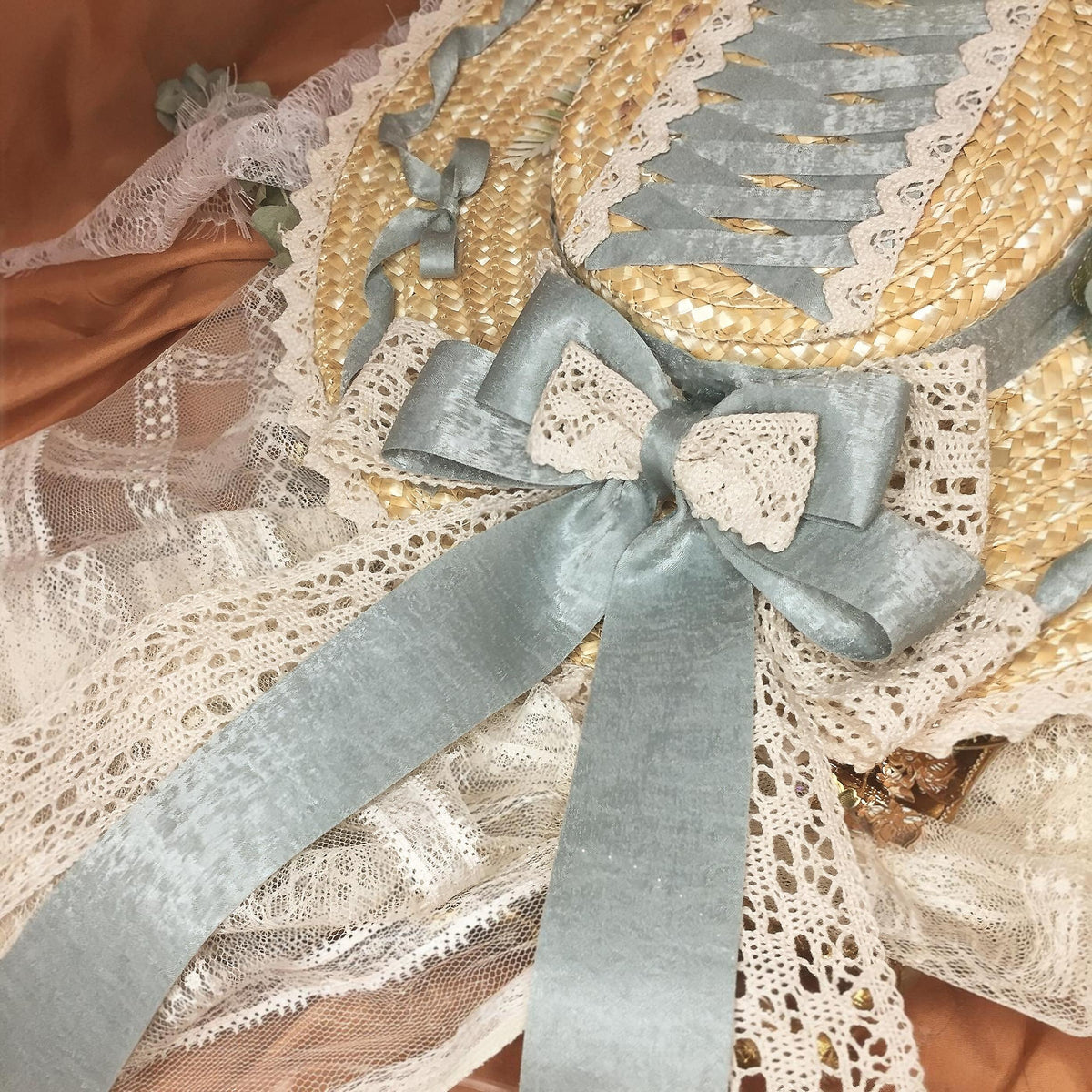 Lolita Straw Flat Hat with Floral Trim