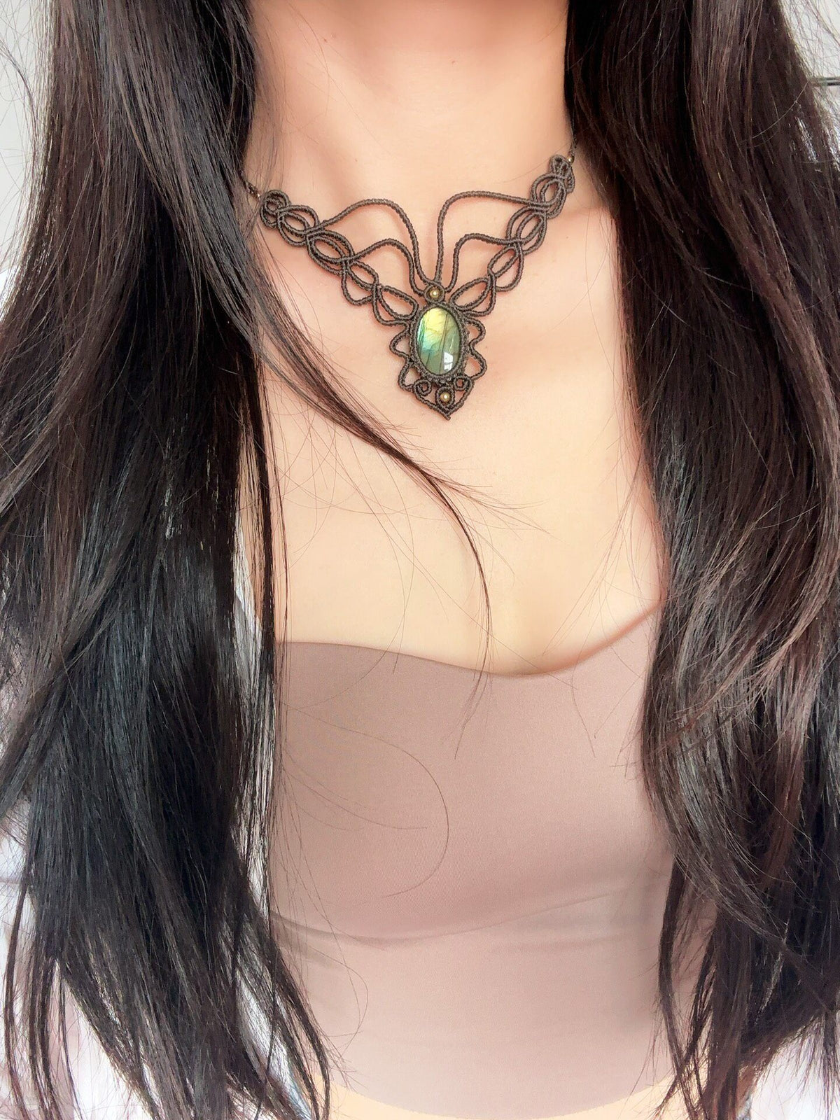Handcrafted Macrame Necklace With Iridescent Stone
