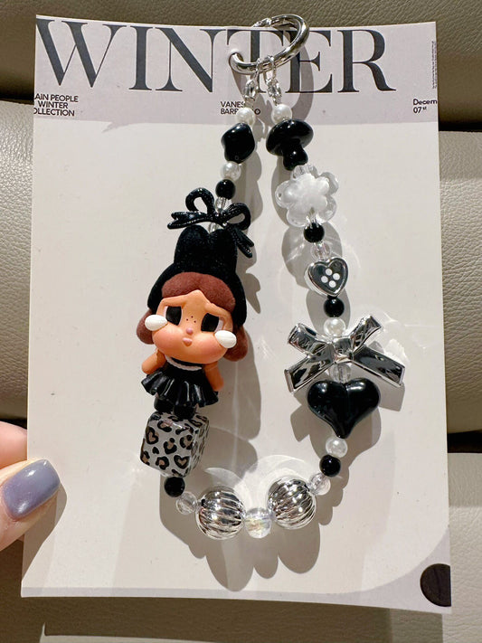 Black and White Elegant Character Figurine Keychain with Beads