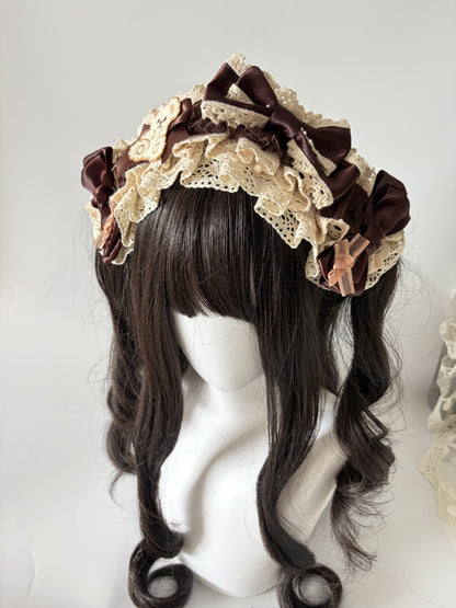 Chocolate Brown Lace Headband with Teddy Bear Appliqué and Satin Bows
