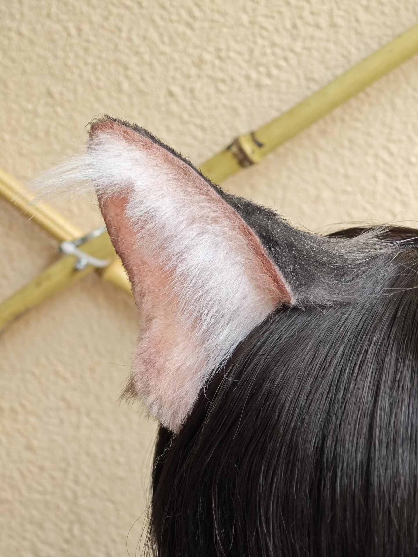 Handcrafted Tabby Cat Ears on Black Bob Wig - Realistic Style