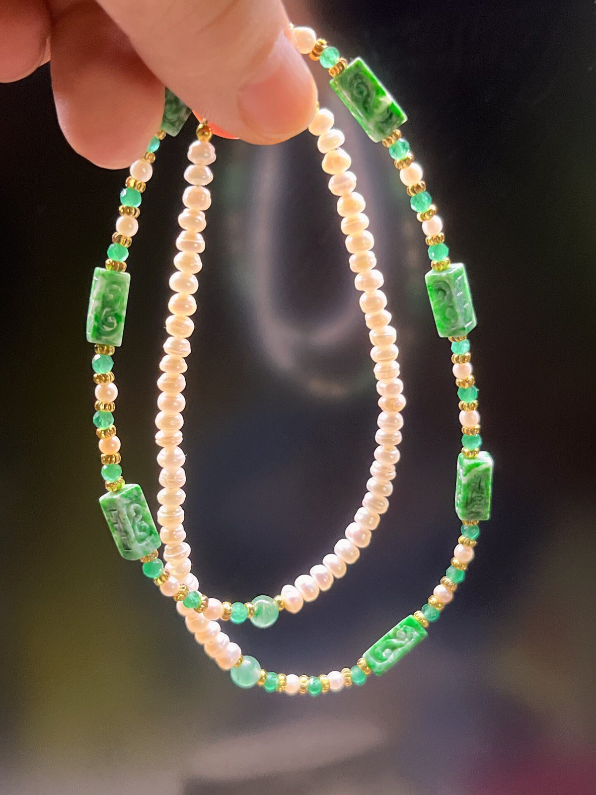 Jadeite Pearl Necklace Carved Beads