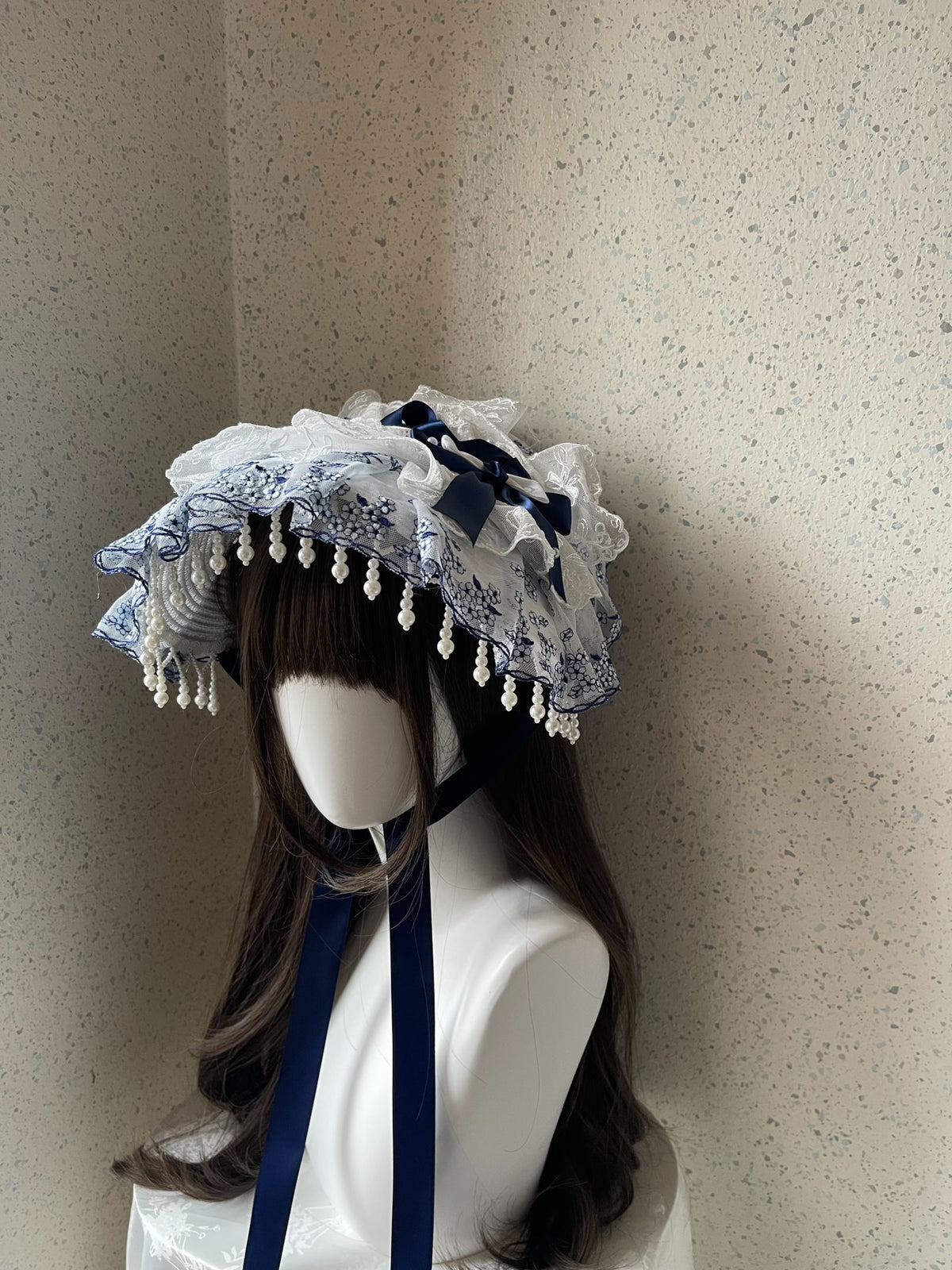 Lolita Blue White Lace Bonnet Hat