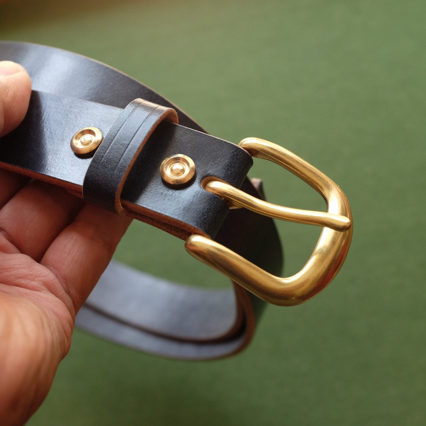 Dark Brown Leather Belt with Polished Brass Buckle