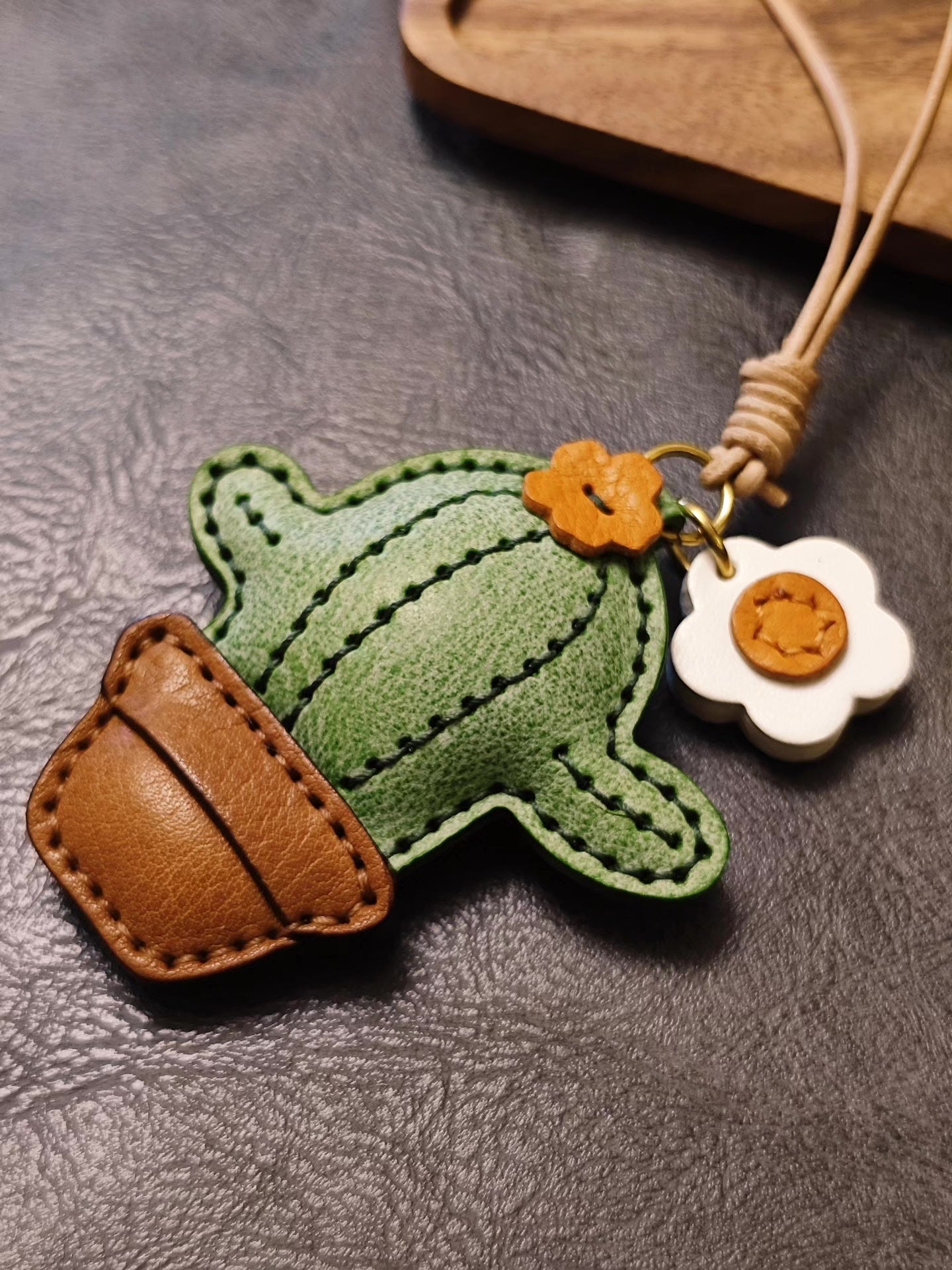 Handcrafted Cactus Leather Keychain with Flower Charms