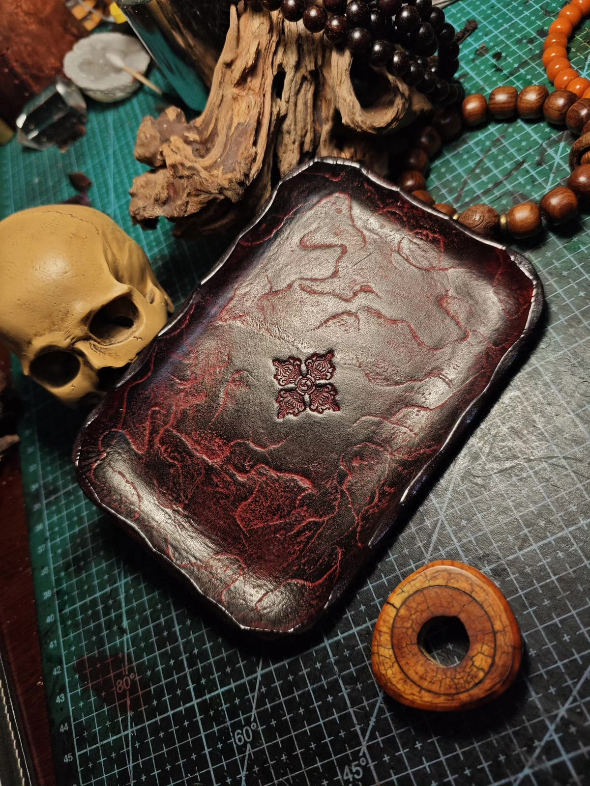 Handcrafted Leather Tray Carved Cowhide Organizer
