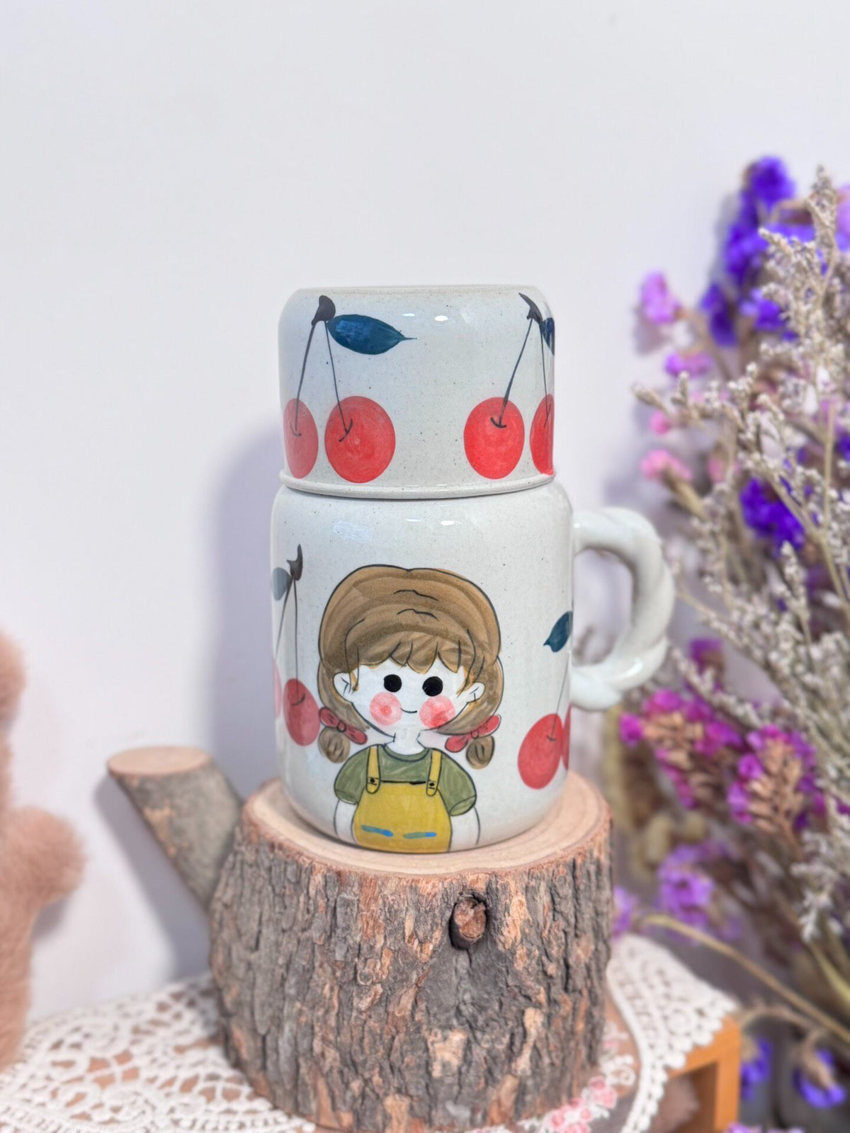 Hand Painted Ceramic Pitcher Set with Cherry Design