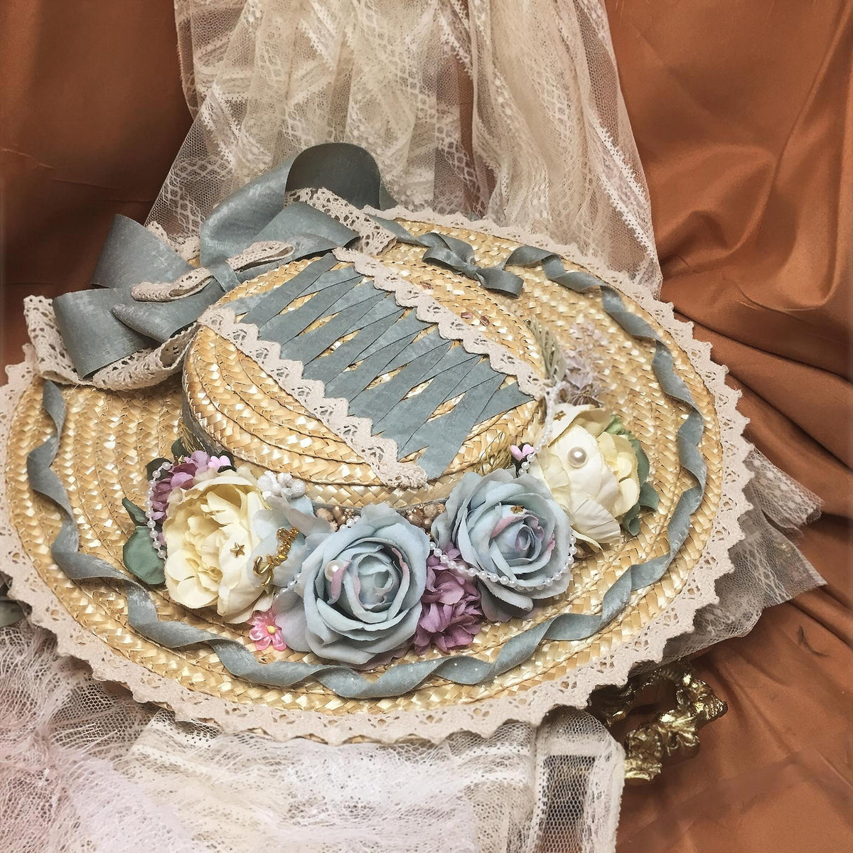 Lolita Straw Flat Hat with Floral Trim