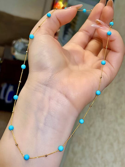18k Gold Blue Turquoise Beaded Necklace, 4-4.3mm