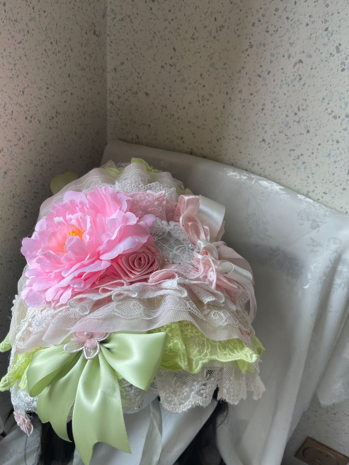 Lolita Pink Green Lace Bonnet with Peony