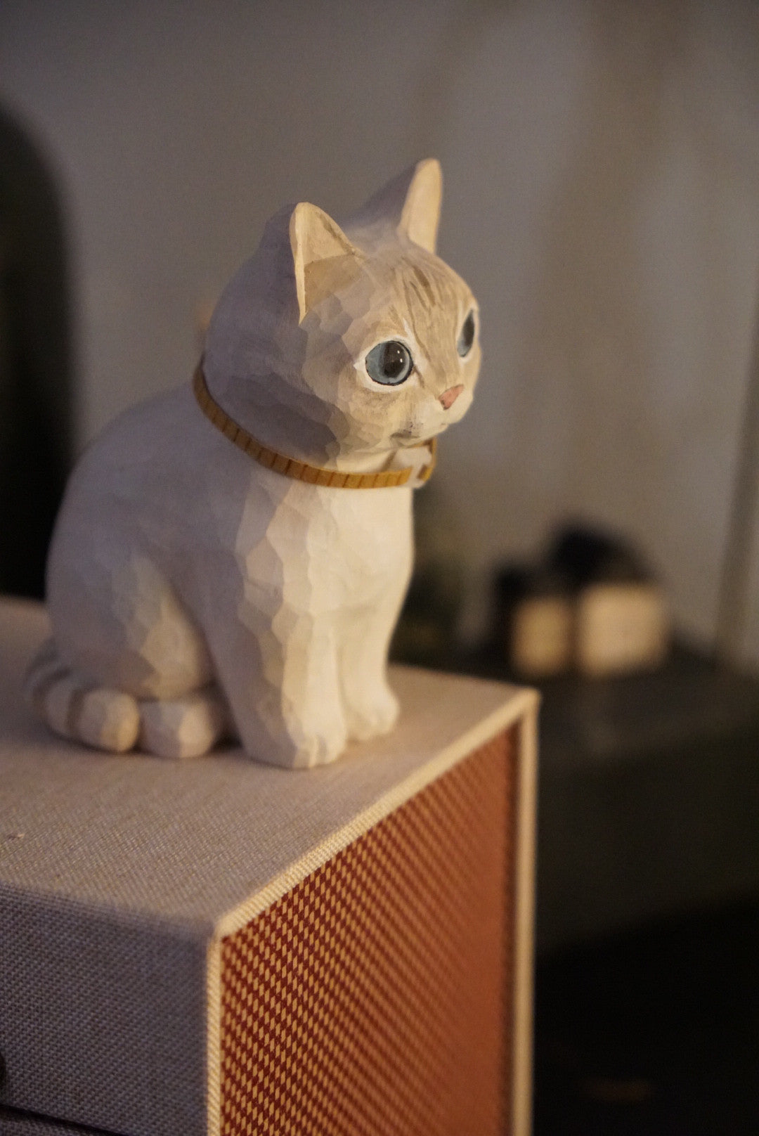 Handcrafted Linden Wood Cat Sculpture Geometric Design