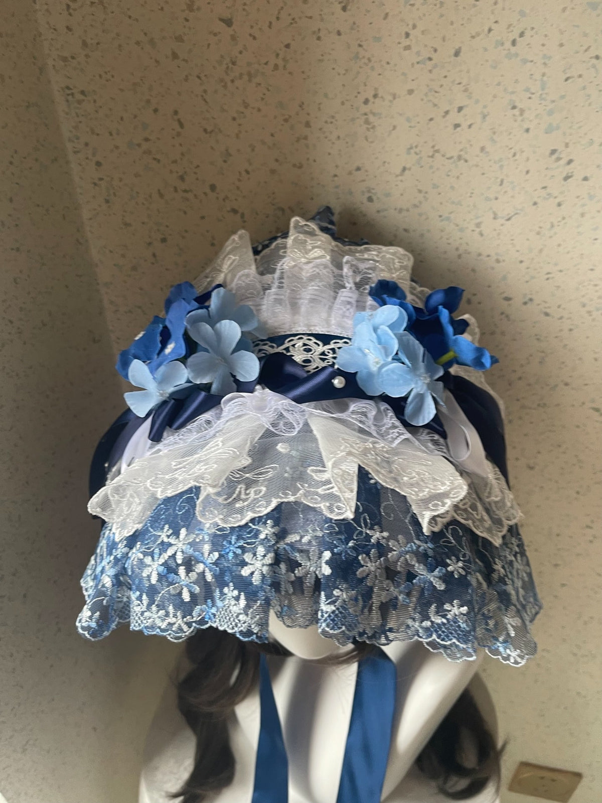 Lolita Blue White Lace Bonnet Handmade