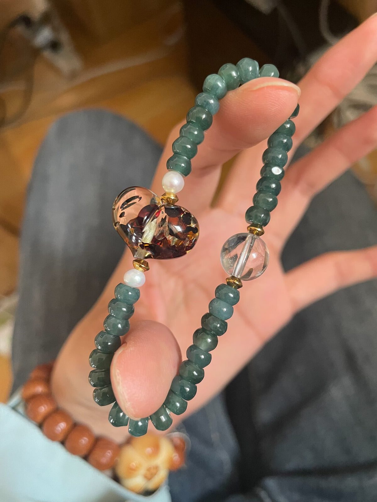 Herz-Blütenbernstein-Blau-Jadeit Perlenarmband