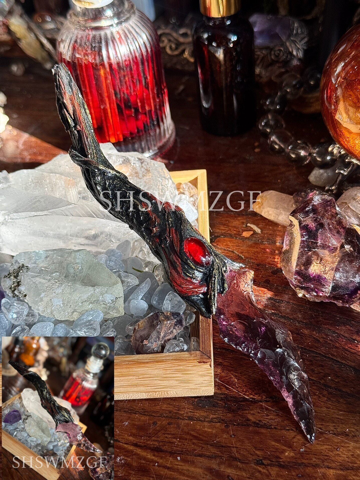 Handcrafted Stone Dagger with Wood Handle and Crystal Blade