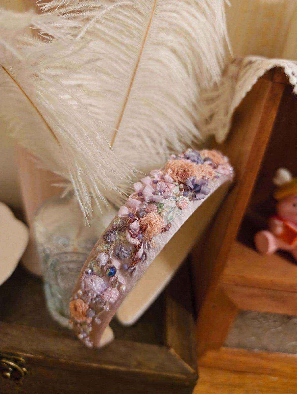 Embroidered Floral Headband Pastel Beaded Design