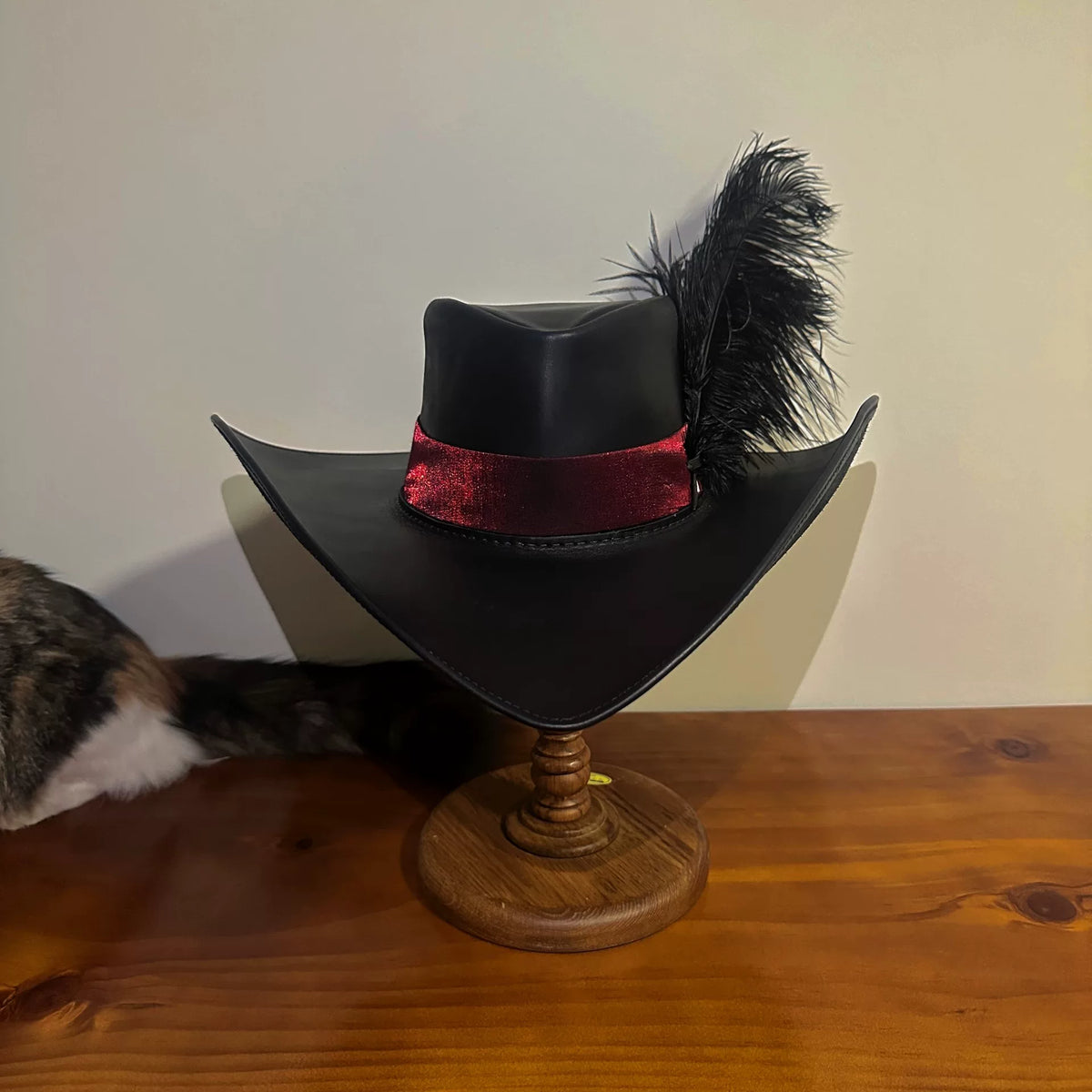 Handmade Black Leather Cosplay Hat Ostrich Feather