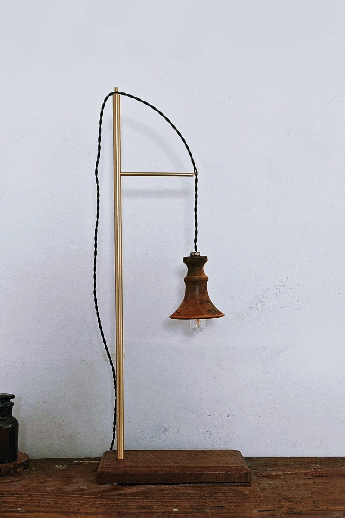 Vintage Industrial Table Lamp Wood Brass